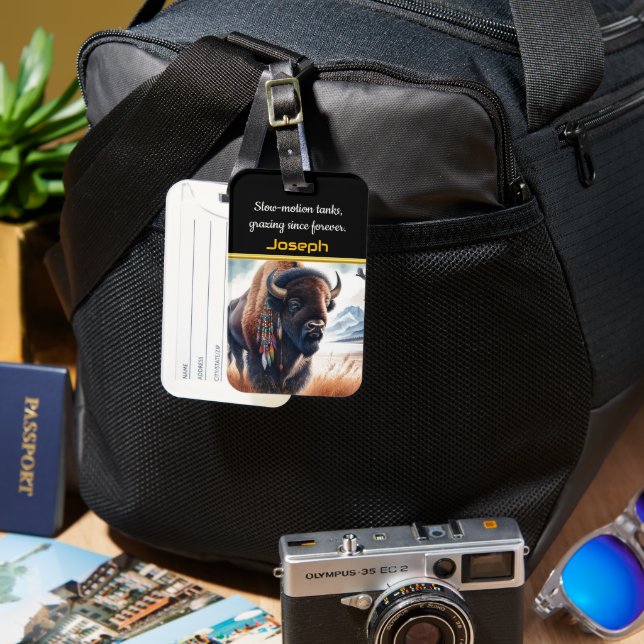 Etiqueta Para Maletas Búfalos pastando en valle montañoso (Anverso & Reverso)