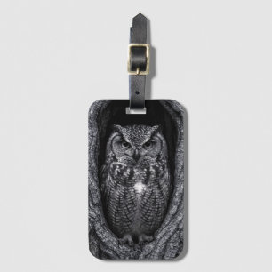 Etiqueta Para Maletas Búho en un árbol Hollow Black and White