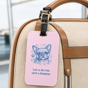 Etiqueta Para Maletas Bulldog Francés línea azul doodle frenchie rosa