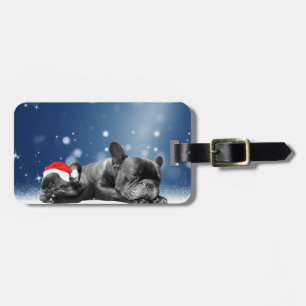 Etiqueta Para Maletas Bulldog francés navidades Cachorros nieve sombrero