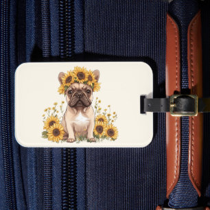 Etiqueta Para Maletas Bulldog francés rodeado de girasoles