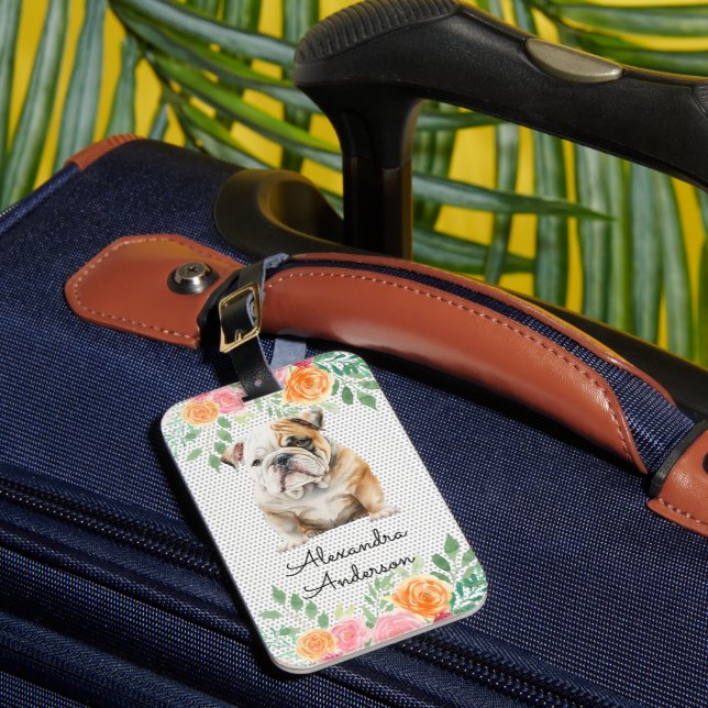 Etiqueta Para Maletas Bulldog personalizado de manzana floral (Anverso In situ 1)