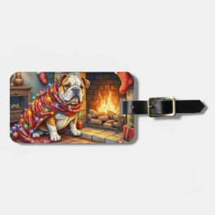 Etiqueta Para Maletas Bulldog sentado junto a la chimenea con luces de N