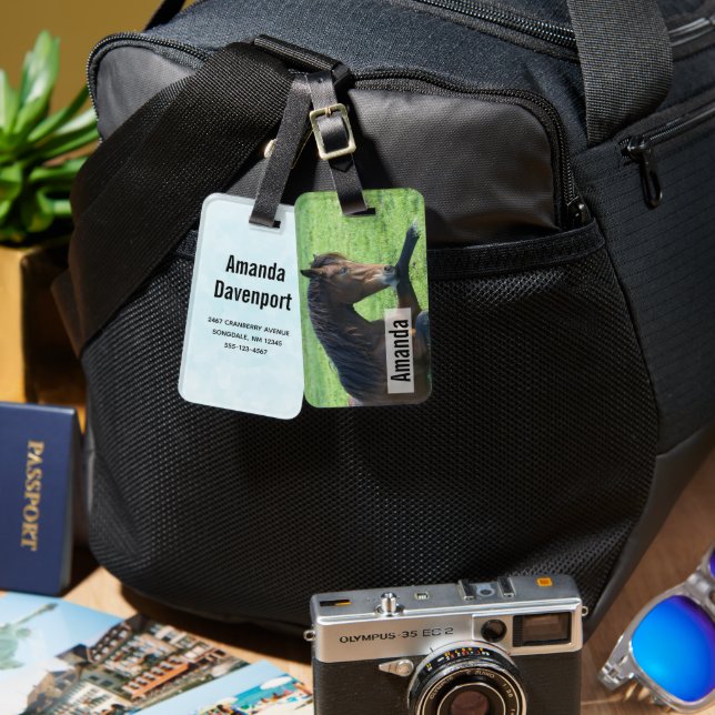 Etiqueta Para Maletas Caballo marrón bonito en la hierba (Anverso & Reverso)