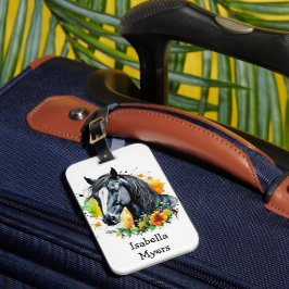 Etiqueta Para Maletas Caballo negro rodeado de flores personalizadas