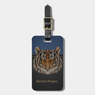 Etiqueta Para Maletas Cabeza de tigre aspecto de cuero azul, negro