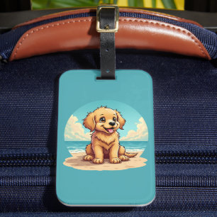 Etiqueta Para Maletas Cachorro Dorado Adorable en una Escena de Playa So