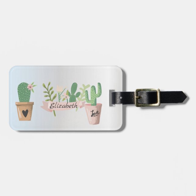 Etiqueta Para Maletas Cactus Adorable, Plata (Frente Horizontal)