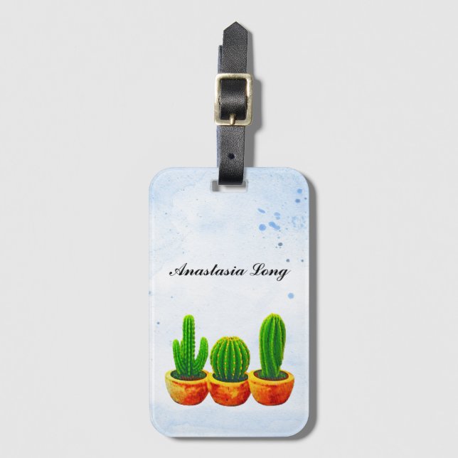 Etiqueta Para Maletas Cactus de acuarela verde dulce y azul (Anverso vertical)