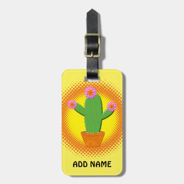 Etiqueta Para Maletas Cactus Personalizado Cuto Con Flores Rosa (Frente Vertical)