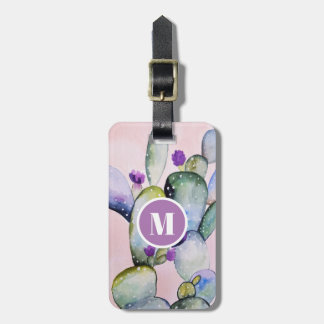 Etiqueta Para Maletas Cactus y flores de color de agua rosa | Monograma