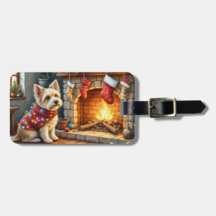 Etiqueta Para Maletas Cairn Terrier Sentado junto a Chimenea Luces de Na