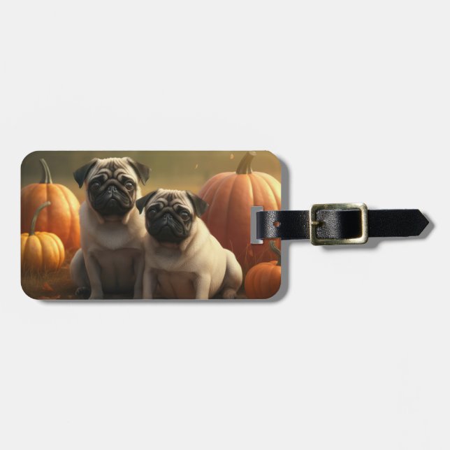 Etiqueta Para Maletas Calabaza deslumbrante de la pug pipa otoño (Frente Horizontal)