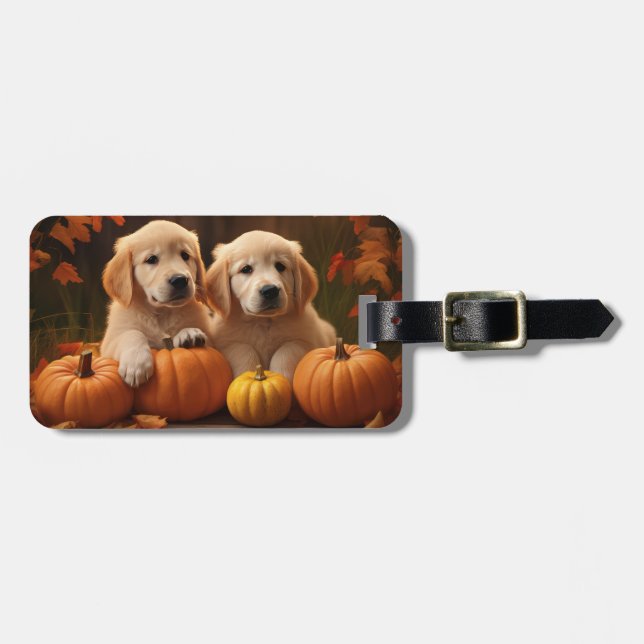 Etiqueta Para Maletas Calabaza deslumbrante de otoño de Golden Retriever (Frente Horizontal)