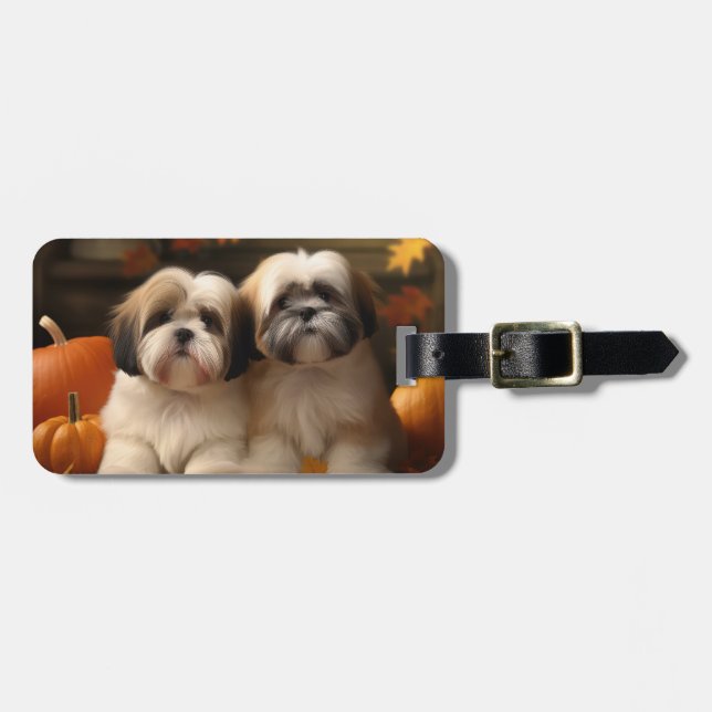 Etiqueta Para Maletas Calabaza deslumbrante Lhasa Apso Puppy Autumn (Frente Horizontal)