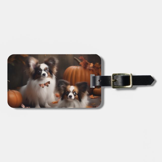 Etiqueta Para Maletas Calabaza deslumbrante Papillon Puppy Autumn (Frente Horizontal)