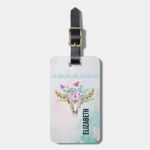 Etiqueta Para Maletas Calavera animal Boho con mariposas y flores