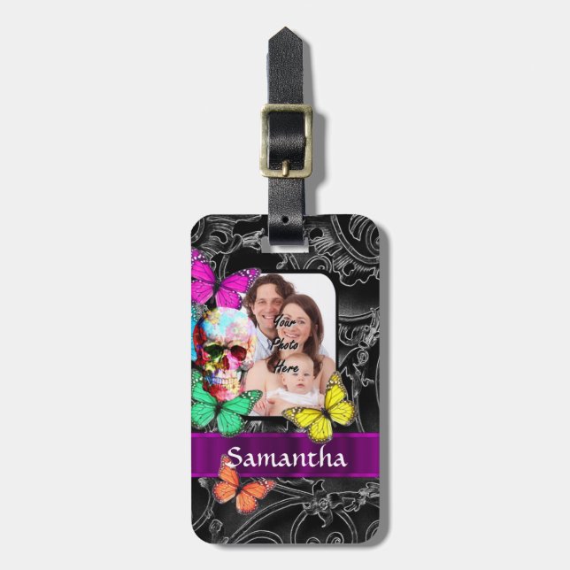 Etiqueta Para Maletas Calavera de azúcar y mariposas florales (Frente Vertical)