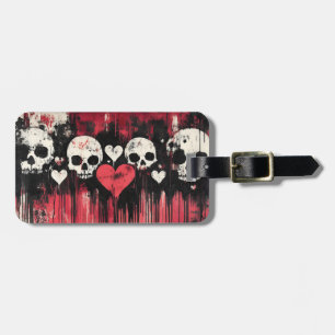 Etiqueta Para Maletas Calavera y corazones grunge - negrita Arte rojo y