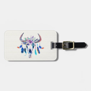 Etiqueta Para Maletas Calavera Y Flores De La Cabeza De Bison De Acuarel