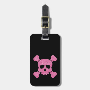 Etiqueta Para Maletas Calavera y huesos cruzados con brillo rosa sobre n