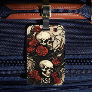 Etiqueta Para Maletas Calaveras Góticas y Rosas Rojas