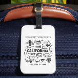 Etiqueta Para Maletas California Family Reunion Custom Matching<br><div class="desc">This black-and-white California doodle-style travel design showcases iconic symbols of the Golden State including the Golden Gate Bridge, surf waves, palm trees, tacos, and road-trip elements. Personalize the text with your family name, travel destination and year to create a unique souvenir for a California reunion, vacation, family trip, or group...</div>