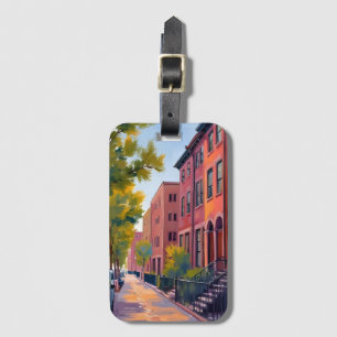 Etiqueta Para Maletas Calle de Brownstone en la ciudad   Acuarela de lad