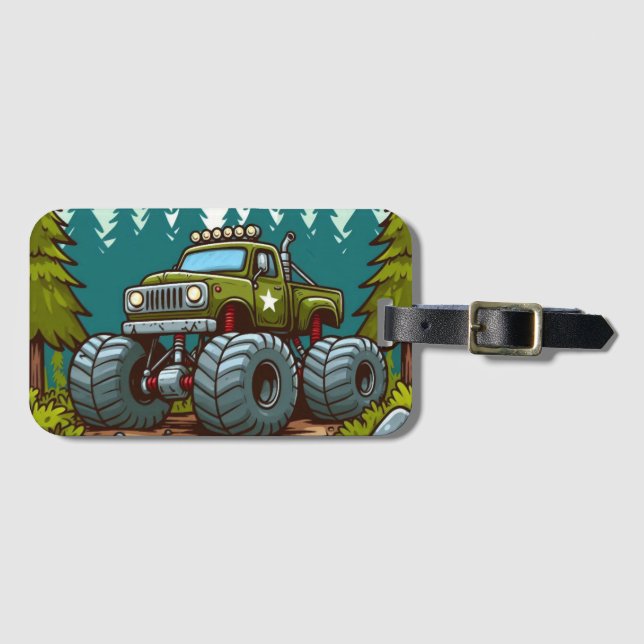 Etiqueta Para Maletas Camión verde monstruo en el bosque (Anverso horizontal)