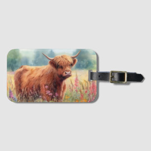 Etiqueta Para Maletas Campo de flor silvestre Highland Cow Watercolor