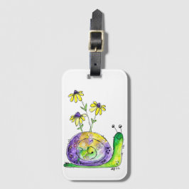 Etiqueta Para Maletas Caracol alegre y caprichoso con flores amarillas