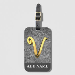 Etiqueta Para Maletas Carta de Monograma V Gris y Oro Personalizado