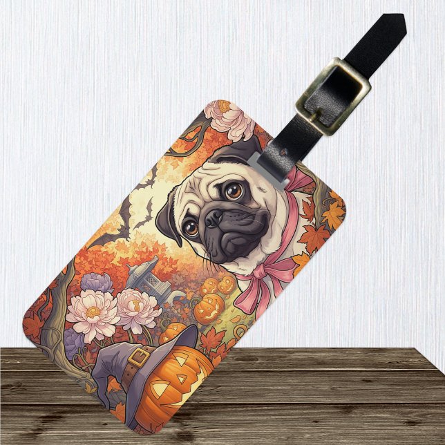 Etiqueta Para Maletas Casa de Pug Dog & Halloween, otoño (Subido por el creador)