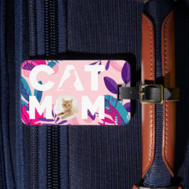 Etiqueta Para Maletas CAT MOM, tu foto, flores rosadas y deja equipaje