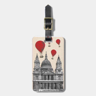 Etiqueta Para Maletas Catedral de St Pauls y globos de aire caliente roj