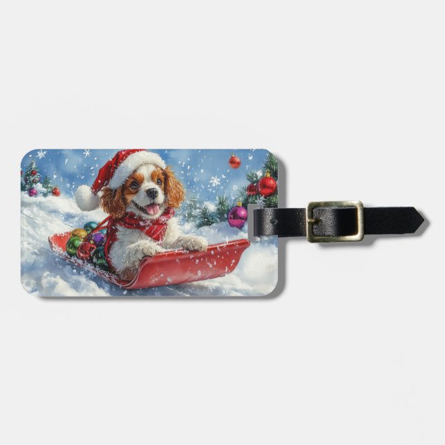 Etiqueta Para Maletas Cavalier King Charles Spaniel Trineo de Navidad (Frente Horizontal)