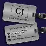 Etiqueta Para Maletas Cepillo gris plateado negro Metalizado negrita mon<br><div class="desc">Eleva tu estilo de viaje con nuestra etiqueta de equipaje monogramada Metalizado con pincel gris plateado negro negrita! Haz una declaración con un elegante monograma y un nombre en negrita en el frente, añadiendo un toque de sofisticación a tu equipaje. En la parte posterior, los detalles esenciales de contacto, incluyendo...</div>