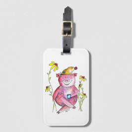 Etiqueta Para Maletas Cerdo Caprichoso Lindo Bebiendo Café