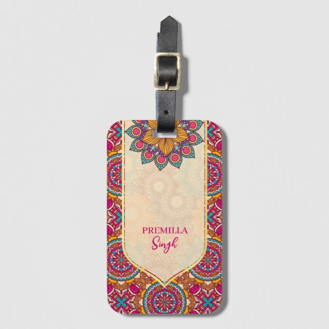 Etiqueta Para Maletas Cerise mandala rangoli patrón étnico vibrante (Anverso vertical)