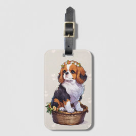 Etiqueta Para Maletas Cesta de Cavalier King Charles con corona de flore