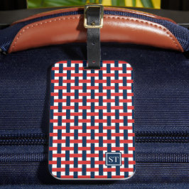 Etiqueta Para Maletas Cesta de Trenzado Preppy - Monograma Rojo y Azul M