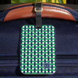 Etiqueta Para Maletas Cesta tejida Preppy – Monograma azul marino y verd