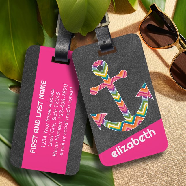 Etiqueta Para Maletas Chalkboard de ancla náutica con Chevrons brillante (Personalized Luggage Tag)