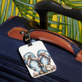 ETIQUETA PARA MALETAS CHANCLAS DE VERANO AZULES Y BLANCAS MONAS Y CONCHA