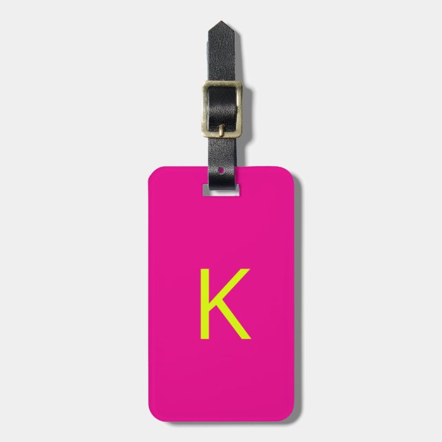 Etiqueta Para Maletas Chartreuse Neón Rosa Caliente Monograma Script (Frente Vertical)