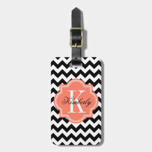 Etiqueta Para Maletas Chevron blanco y negro con el monograma coralino