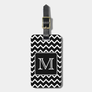 Etiqueta Para Maletas Chevron blanco y negro con el monograma de encargo