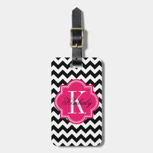 Etiqueta Para Maletas Chevron blanco y negro con el monograma de las