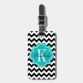 Etiqueta Para Maletas Chevron blanco y negro con el monograma verde