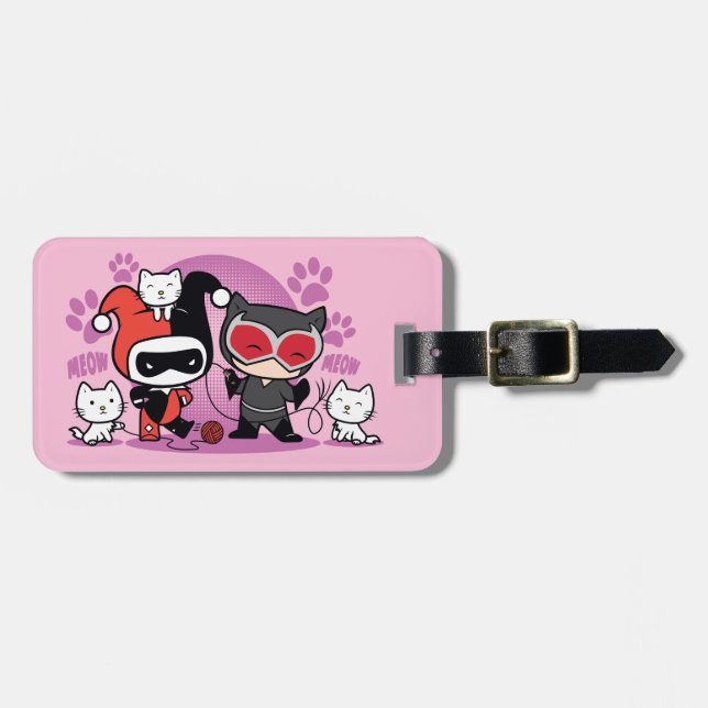 Etiqueta Para Maletas Chibi Harley Quinn & Chibi Catwoman Con Gatos (Frente Horizontal)